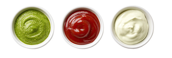 Three small bowls of different sauces