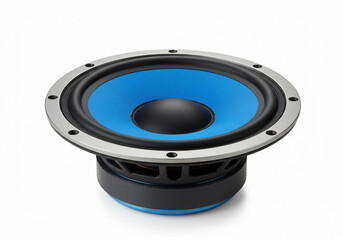 Fototapeta premium A close-up studio shot of a blue and black loudspeaker driver with a silver frame, isolated on a white background.