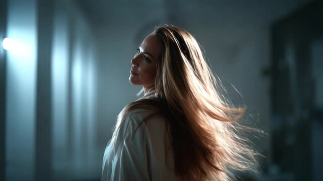 Serene contemplation: A woman gazes serenely, her long hair flowing freely as light casts gentle shadows on her face in a studio setting, a moment of introspection and emotional resonance.