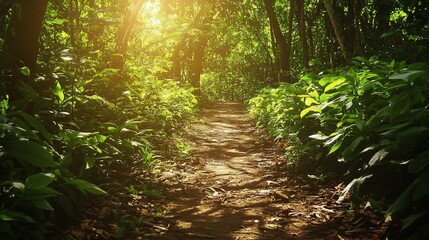 Fototapeta premium Sun-Kissed Forest Path with Lush Vegetation, an invitation for outdoor exploration