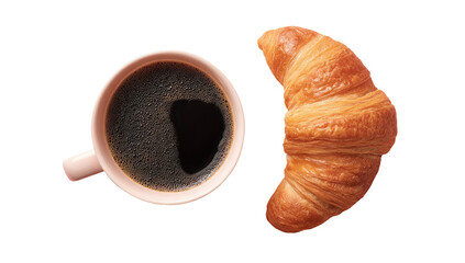 Overhead view of a cup of coffee and a croissant. A light pink mug holds dark coffee, situated next to a golden-brown croissant