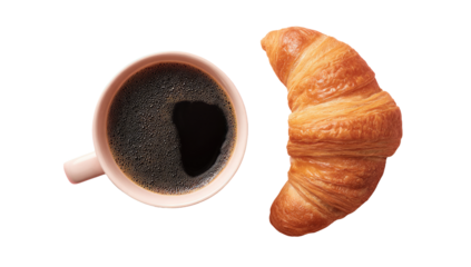 Overhead view of a cup of coffee and a croissant. A light pink mug holds dark coffee, situated next to a golden-brown croissant