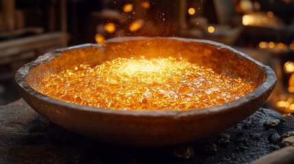 Glowing, molten, metallic substance in a rustic, wooden bowl, illuminated with fiery light and sparks