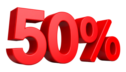  3D Red “50%” Number for Discount Poster, Vector Illustration