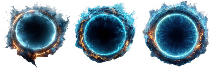 Three glowing blue and orange energy portals or wormholes with swirling light and smoke isolated on transparent background