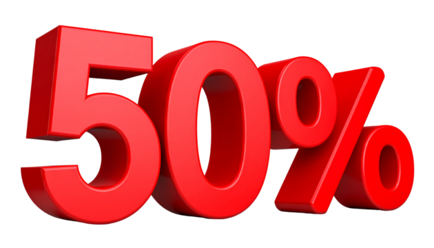  3D Red “50%” Number for Discount Poster, Vector Illustration