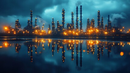 Obraz premium Night view of an industrial complex, its structures reflected in the water below, under a moody sky