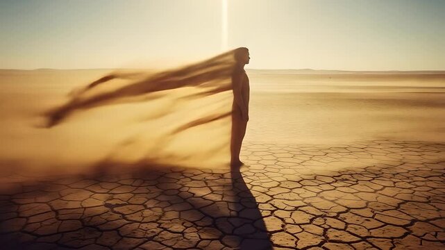 Man stands silhouetted in desert, sand dissolving him, illustrating mortality, transformation, climate change. Concept: solitude, desolation, passage of time, fragility.