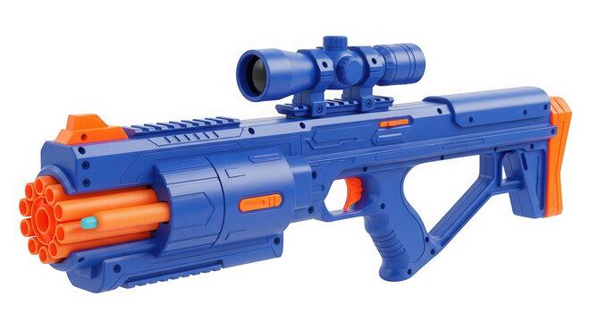 Blue and orange toy gun with scope isolated on transparent background