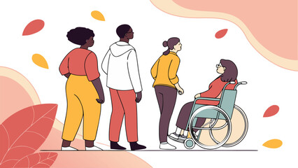 Inclusive Diversity Vector Illustration of People of Different Ages, Skin Tones, and Abilities Standing Together