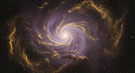 Spiral galaxy in deep space, swirling gold and purple nebulae