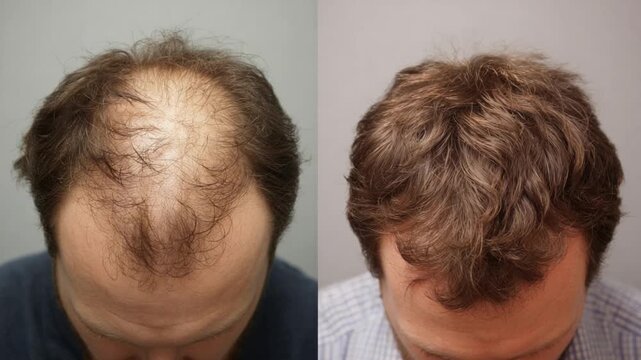 Hair Transformation: A detailed side-by-side comparison showcasing the transformative effects of hair growth solutions, with visible improvement in hair density and coverage.