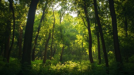 Obraz premium Sunlight filters through a lush green forest canopy creating a serene atmosphere