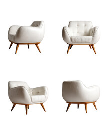 Four views of a contemporary, off-white,  curved-armchair with wooden legs.  The chair features a soft, sculpted profile