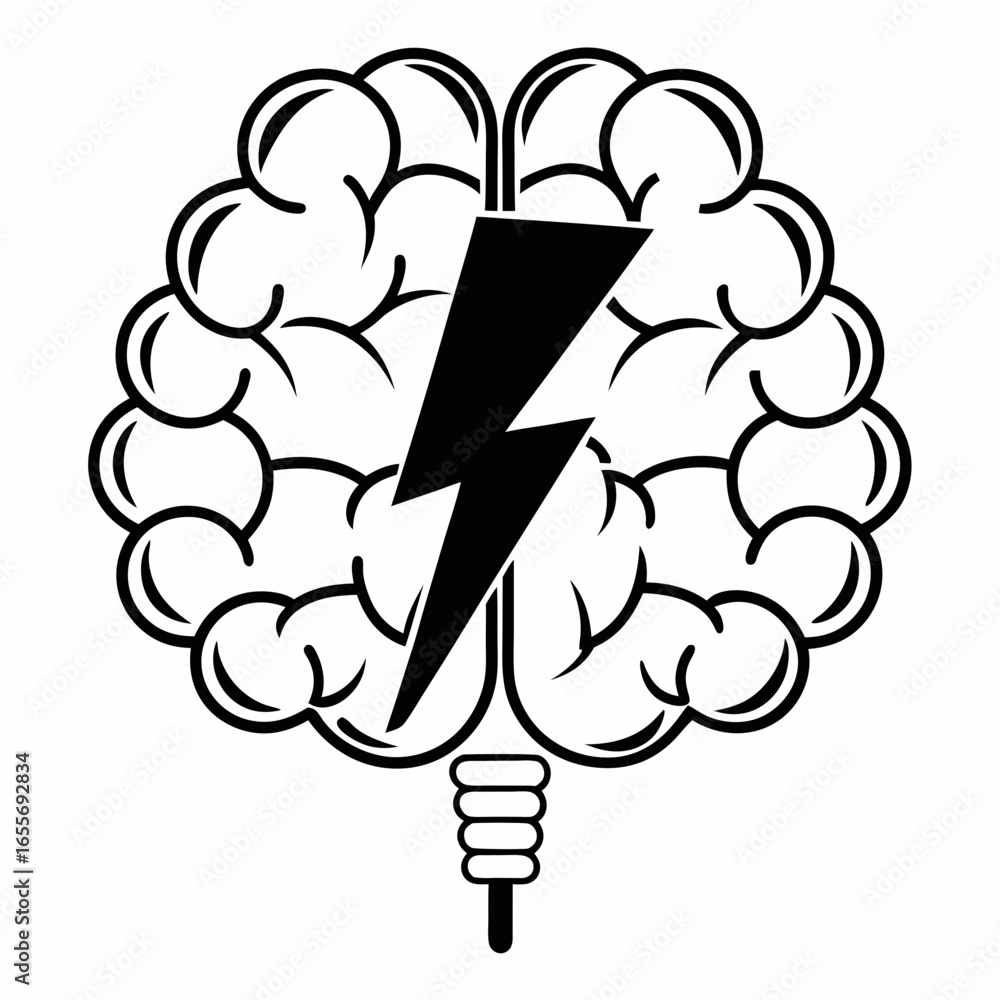 Poster stylized brain with a lightning bolt running through it representing a bright idea or inspiration 