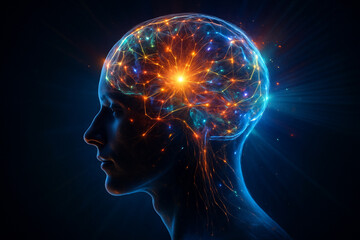 Obraz premium AI generated futuristic artwork of a glowing human brain with radiant neural networks and colorful light energy symbolizing creativity thought and cosmic connection