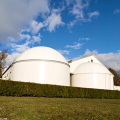 Two large white dome-shaped structures sit behind a low hedge on a grassy hill under a partly cloudy sky