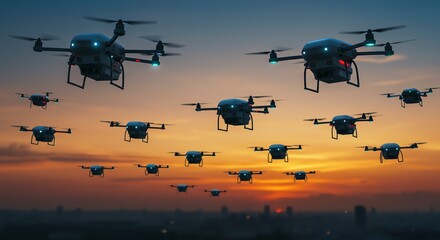 Multiple drones flying at sunset sky