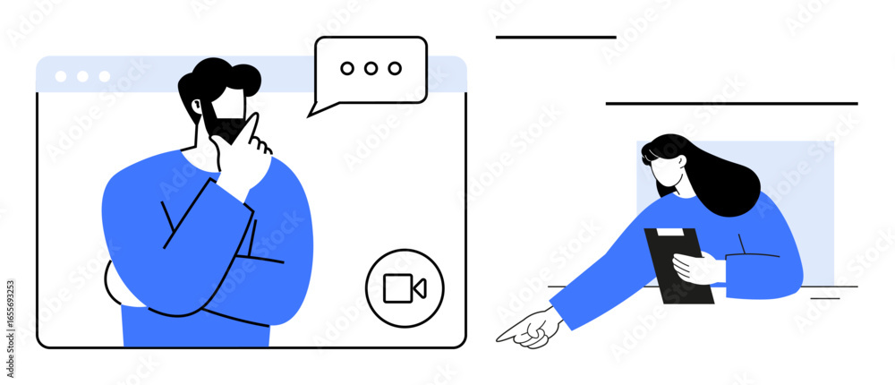 Poster man in video call pondering with speech bubble while woman holding tablet points to a task. ideal fo