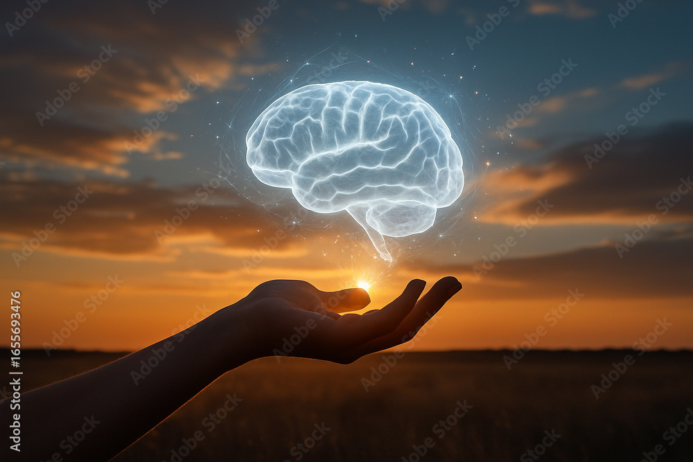 Aufkleber ai generated conceptual digital art showing a glowing holographic brain floating above a human hand 