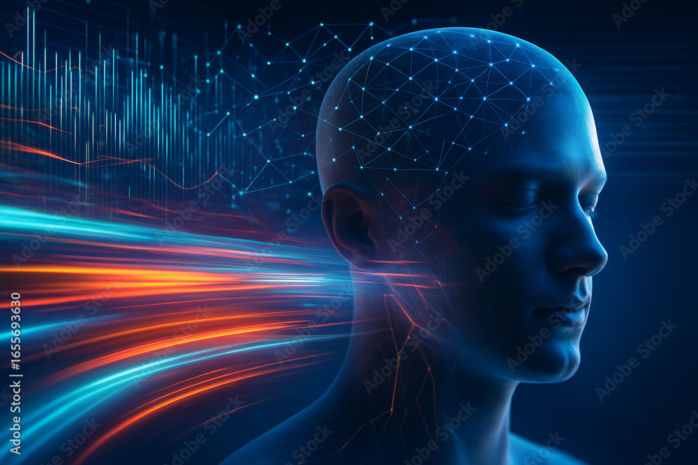 Poster ai generated conceptual digital art of a translucent human head with glowing energy streams and digi