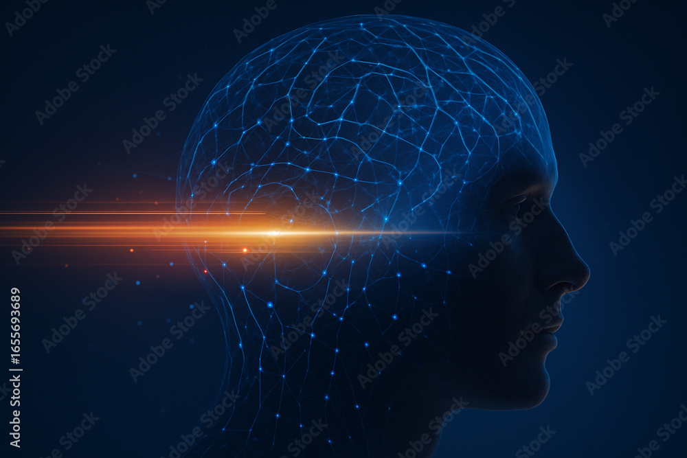 Poster ai generated conceptual futuristic art showing human side profile with glowing neural network and br