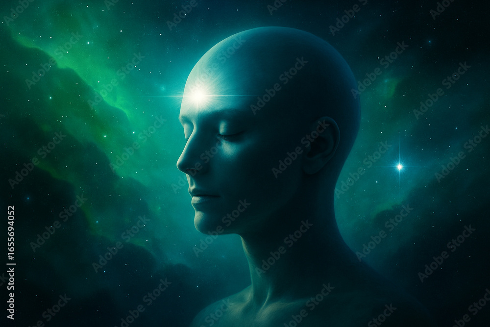 Poster ai generated digital art showing a serene human profile with glowing third eye radiating energy agai