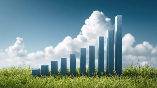 Blue bar graph rises amidst green grass and a partly cloudy sky - Powered by Adobe