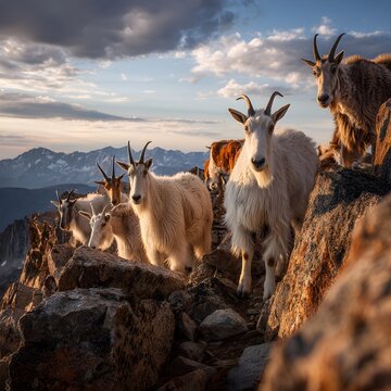 Cabras monteses al atardecer.
