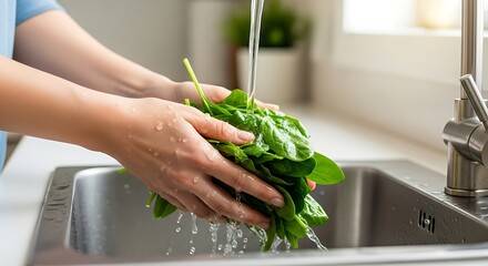Washing Fresh Spinach in Kitchen Sink for Healthy Eating and Cooking Preparation