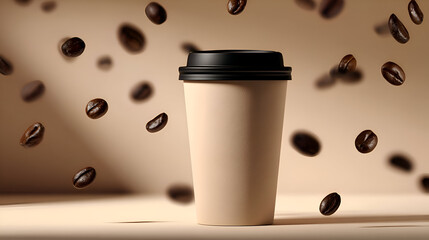 Enjoy a captivating coffee break moment with falling coffee beans and a minimalist paper cup, perfect for advertising your cafe or coffee brand on social media