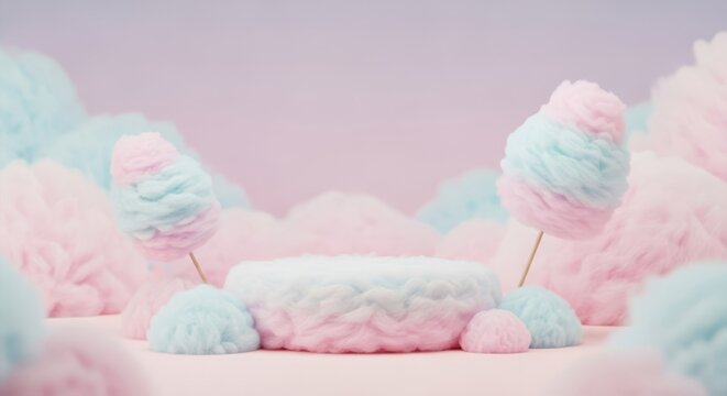 Pastel pink and blue cotton candy clouds with a central display podium