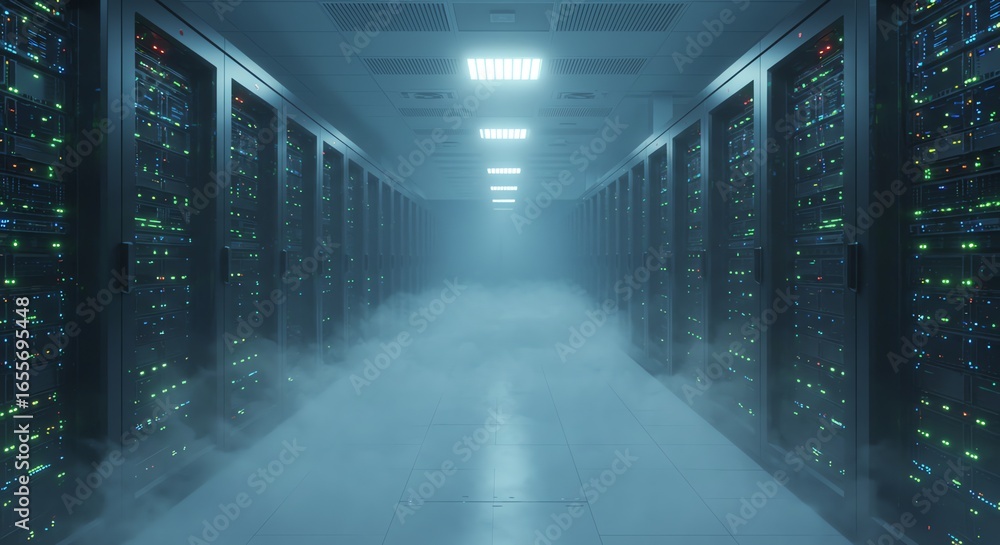 Poster server room with rows of computer racks