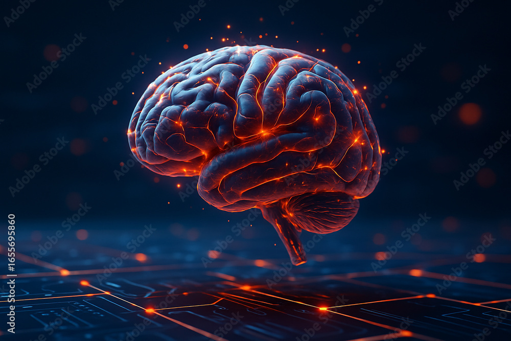 Poster ai generated conceptual digital art of a glowing human brain floating above a futuristic digital net