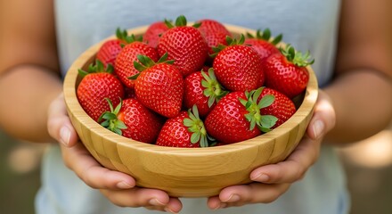Fresh Strawberries in a Wooden Bowl Held by a Person, Healthy Eating Concept