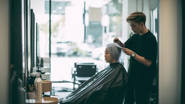 Hairdresser at Work: Capturing a focused stylist meticulously attending to a client's hair, a moment of transformation in the modern salon.