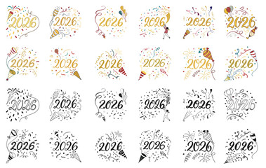 Fototapeta premium 2026 Happy New Year typography illustration set with gold, black festive fireworks and celebration elements