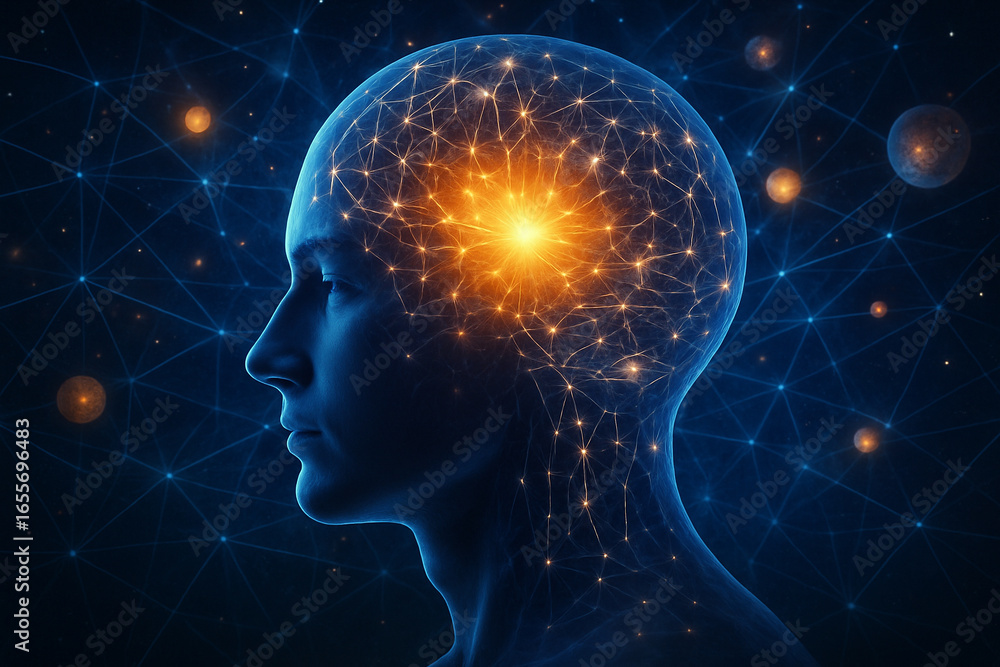 Aufkleber ai generated conceptual futuristic art showing human side profile with glowing brain energy light co