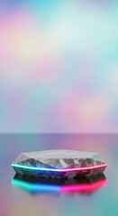 Stone pedestal with neon lights on a colorful abstract background