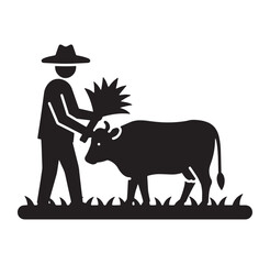 Farmer feeding a cow with grass silhouette illustration for agricultural farm concept design
