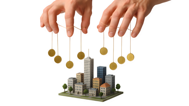 Miniature City Lifted by Puppet Strings with Coins PNG