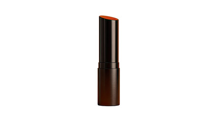 A dark brown lipstick tube, angled slightly, featuring a reddish-orange hue at the top