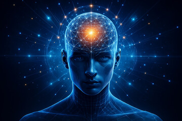 AI generated digital artwork of a futuristic human head with glowing golden light at the forehead surrounded by blue and purple neural networks symbolizing creativity and cosmic connection