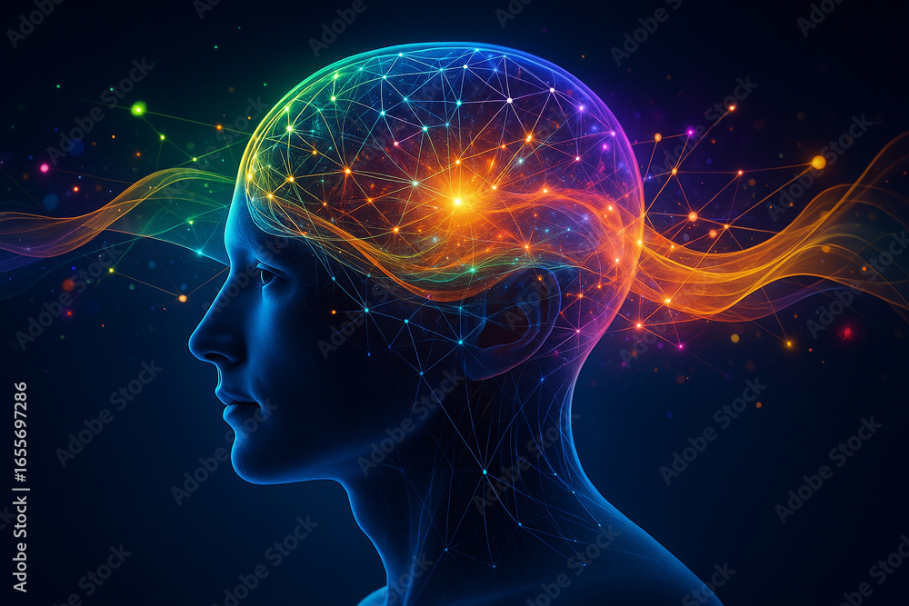 Aufkleber ai generated conceptual sci fi artwork showing a glowing human brain with colorful neural network an