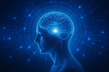 AI generated sci fi digital artwork showing human head with radiant blue brain light symbolizing consciousness creativity futuristic knowledge and inner awakening