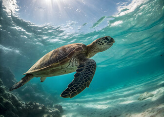 Obraz premium Underwater Turtle's Journey: An amazing view of a sea turtle gracefully gliding through the crystal-clear waters, bathed in sunlight. A captivating glimpse into the aquatic realm.