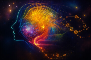 Obraz premium AI generated conceptual digital art showing a human head profile glowing with golden energy lines symbolizing creativity universal connection and spiritual awakening