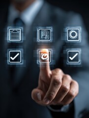businessman touching screen displaying quality control icons for inspection assurance certification and performance improvement analysis