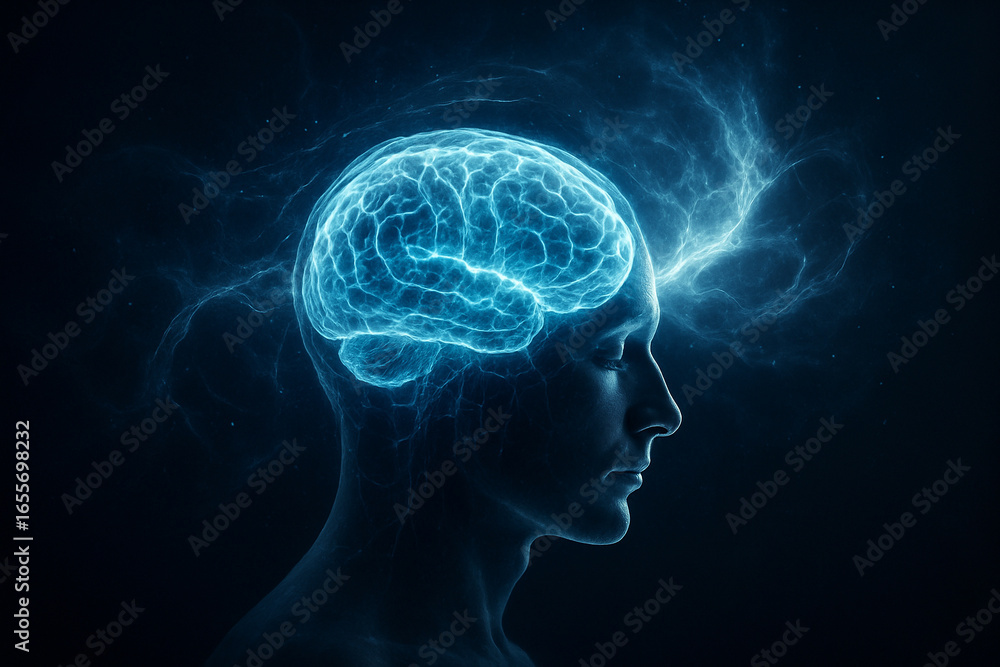 Poster ai generated abstract digital art of human brain with glowing blue energy waves symbolizing consciou