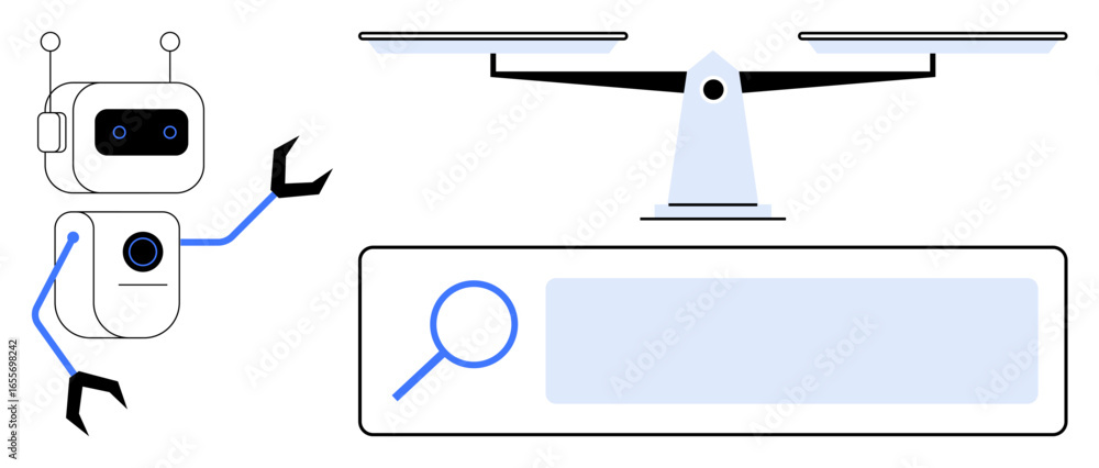 Poster robot interacting with balance scale and search bar, symbolizing artificial intelligence, data analy